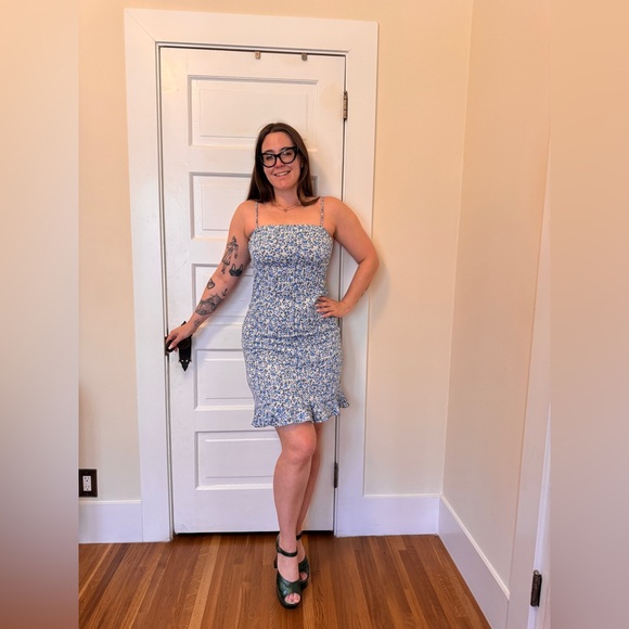 Vintage Dresses & Skirts - 90s Vintage Baby Blue Floral Spaghetti Strap Sundress Sz M